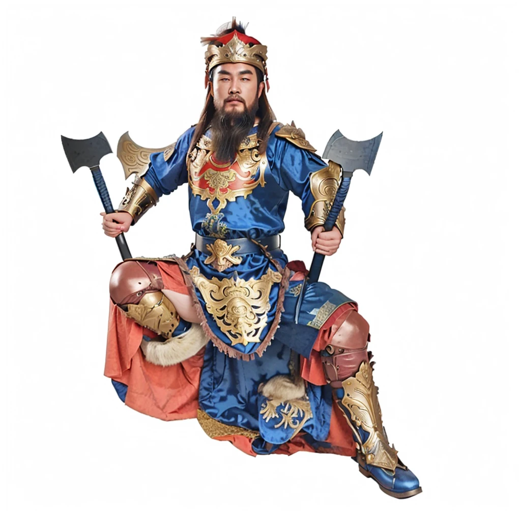 a chinese warrior with blue robe and armour, holding 2 axes, wild beard,  showing his boots sole, make him more mascular