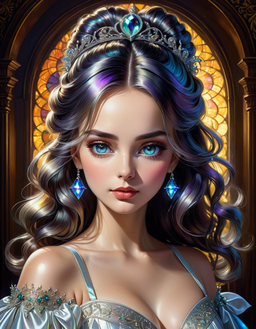 Her beautiful eyes glow , score 9,score 8 points,score 7 points,score 6 points,score 5 points,Full drawn portrait of a female figure.,yassification,beauty filter,fusion of the styles of Mike Sass and John Tenniel,against a complex background, conveying the charm of Gothic art,her iridescent hairstyle is carefully drawn, beautiful sparkling decorations,white silk dress,open shoulders,perfect lighting and composition,Oil painting,deep emotions,masterpiece with bright colors,very detailed,Best quality,ultra-realistic elaborate hairstyle,((Global Light,chiaroscuro,ray tracing): 1. 2)) Hollywood light,ray tracing,chiaroscuro,((Ultra high quality:1.5))