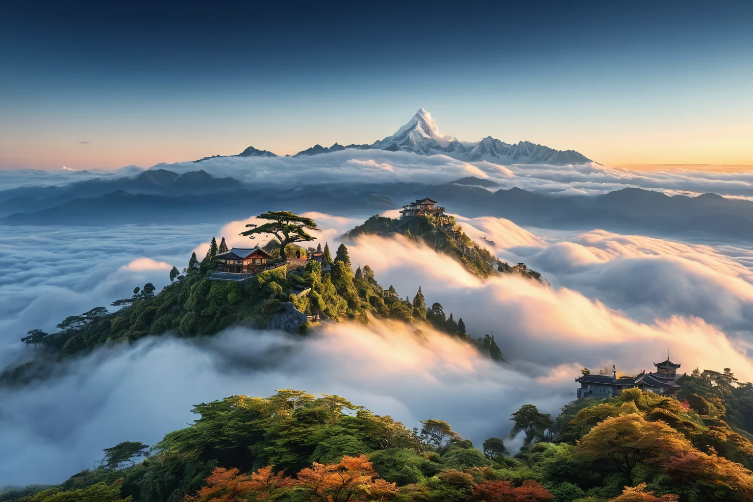 architecture,Tree,A sea of clouds churning,Glow,Distant Mountains,Landscape photos,RAW,uhd,8K,Detailed Details,Best quality,Perfect color matching,Sense of atmosphere,