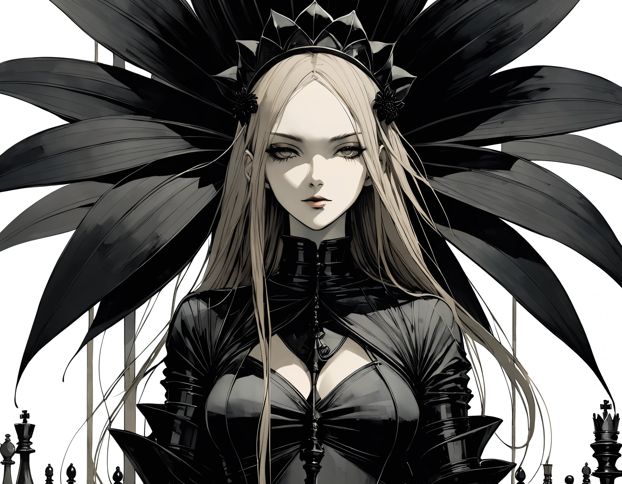 in style of Santiago Caruso, in style of Ashley Wood, Giant black lily，Central Composition，Close-up， queen \(chess\),graphic novels illustration