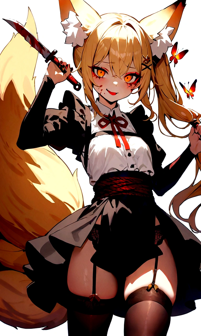 (masterpiece, best quality) junior,1girl,detailed, (beautiful,small breasts), blonde,long hair, side ponytail(tied to the left),Hairpin decoration with gold butterfly, elegant, (fox ears),nine tailed fox tail, red eyeshadow, golden eyes, femur，Red background,girl,yandere eyes,bloody face,피묻은 Maid복,Maid,white shirt,Black Skirt,Black stockings,Garter belt stockings,Bloody(blood on fullbody),bloody knife,ninja rope,holding weapon,evil smile