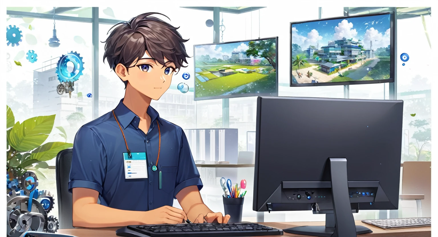 (Bangladesh)), poster image of a vibrant landscape of Bangladesh, where tradition and technology converge, a Smart Village emerges. Bangladeshi boy sitting at a desk with a computer monitor in front of them. iconographic elements that suggest a digital or office work environment, such as gears, a clock, chat bubbles, and a security lock symbol. There is also foliage to the left side of the image which adds to the decor of the setting. This image could be relevant or interesting for topics related to remote work, office settings, digital communication, or personal computer use.