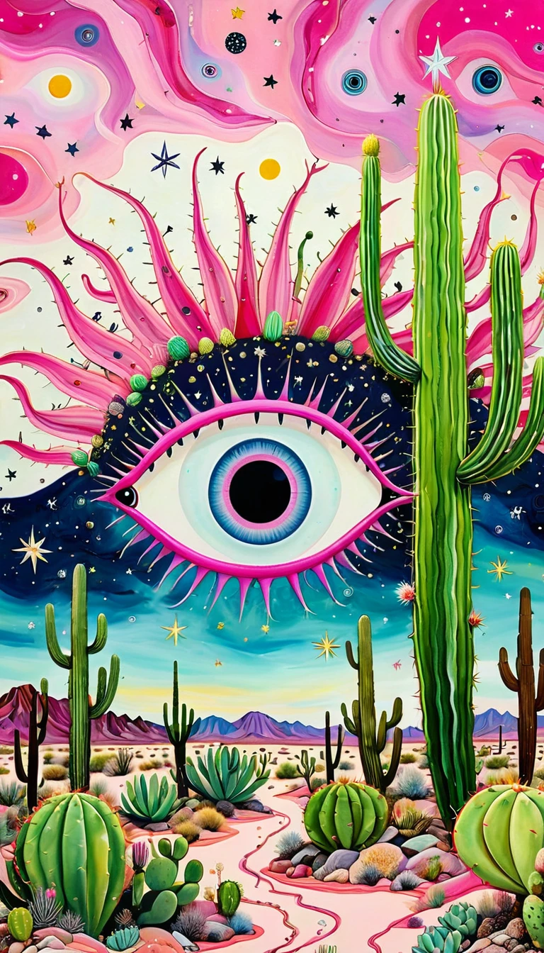 The vast desert,cactus,fish,Tentacles,Eye、Starry Sky,Stitching together an abstract painting,Describing the inner world of autistic people,Sense of space,White Space,interesting,Innocence,Psychedelic Art,Pink theme