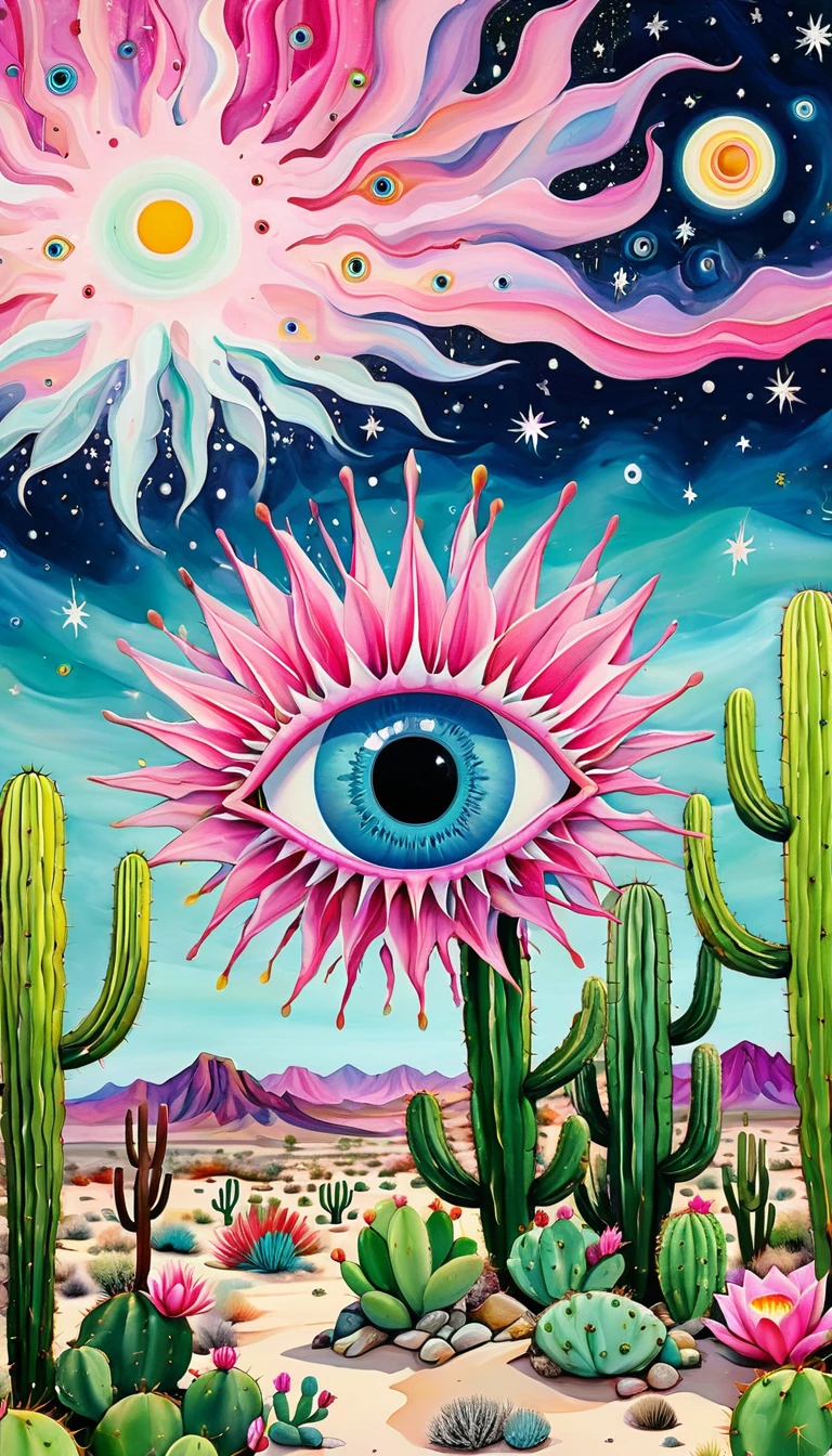 The vast desert，cactus，fish，Tentacles，Eye、Starry Sky，Stitching together an abstract painting，Describing the inner world of autistic people，Sense of space，White Space，interesting，Innocence，Psychedelic Art，Pink theme