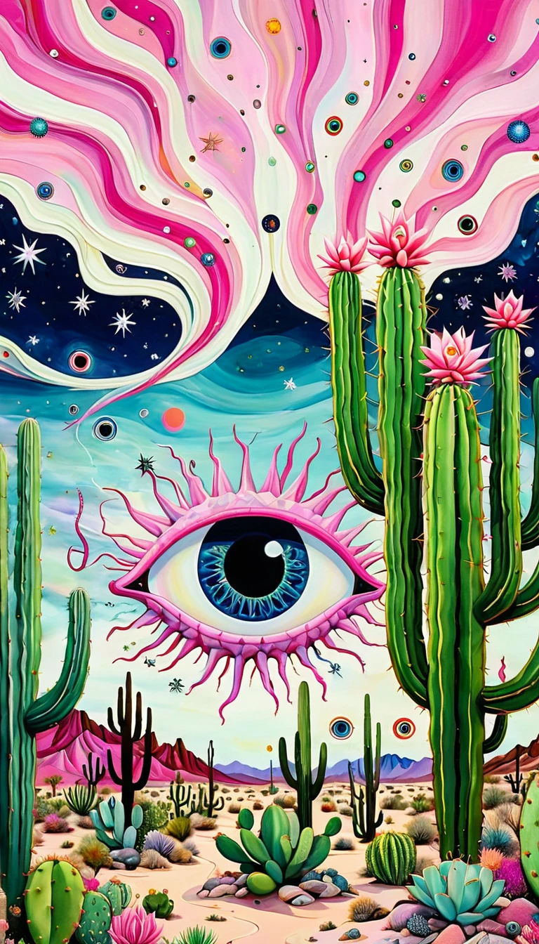The vast desert,cactus,fish,Tentacles,Eye、Starry Sky,Stitching together an abstract painting,Describing the inner world of autistic people,Sense of space,White Space,interesting,Innocence,Psychedelic Art,Pink theme