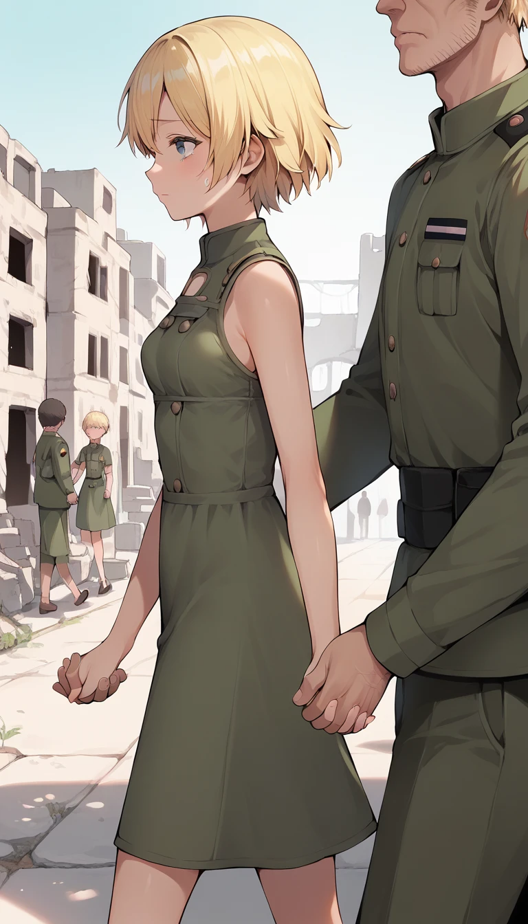 score_9, score_8_up, score_7_up, source_anime BREAK 
1girl, 14yo, _young, from side, small breasts, dirty thorned dress, holding hands, hand in another's hand, blonde short hair, grey eyes, sad face, town ruins, outdoors, walking, size difference, male modern military uniform, faceless male, male face out of frame