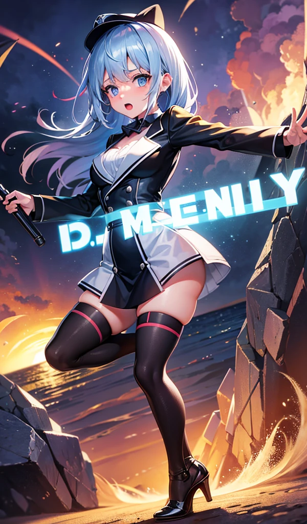 a female journalist on a remote island with a very surprised expression, holding a reporter's microphone, wearing reporter's outfit, visible scenery, full body, vivid expressions, anime model, visible fear, comic scene.