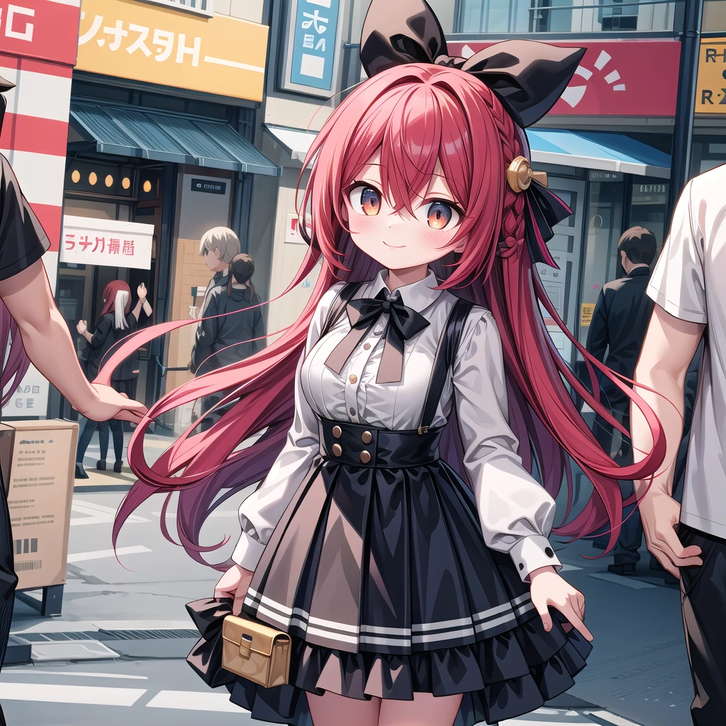 insanely detailed, absurdres, ultra-highres, ultra-detailed, best quality,
1girl, solo, nice hands, perfect hands,
BREAK
braid, shirt, holding, mary janes, socks, black skirt, {{{long red hair}}}, white shirt, suspender skirt, white socks, long sleeves, ribbon, suspenders, standing, ruffles, black ribbon, bow , black bow tie, long skirt, black bow, neck ribbon, bowtie, bag
BREAK
happy smile, laugh, closed mouth, standing,
,
cute pose, cowboy shot,
BREAK
slender, kawaii, perfect symmetrical face, ultra cute girl, ultra cute face, ultra detailed eyes, ultra detailed hair, ultra cute, ultra beautiful,
BREAK
in harajuku, shibuya, tokyo, street, crowd, cityscape,
BREAK
Big breasts,
{{{Eyes red and gold}}}(Ruby red long hair, red and gold eyes), hair between eyes