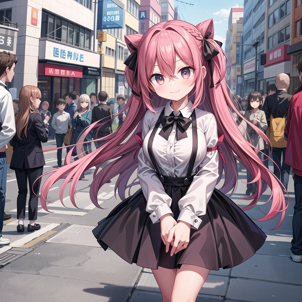 insanely detailed, absurdres, ultra-highres, ultra-detailed, best quality,
1girl, solo, nice hands, perfect hands,
BREAK
braid, shirt, holding, mary janes, socks, black skirt, {{{long red hair}}}, white shirt, suspender skirt, white socks, long sleeves, ribbon, suspenders, standing, ruffles, black ribbon, bow , black bow tie, long skirt, black bow, neck ribbon, bowtie, bag
BREAK
happy smile, laugh, closed mouth, standing,
,
cute pose, cowboy shot,
BREAK
slender, kawaii, perfect symmetrical face, ultra cute girl, ultra cute face, ultra detailed eyes, ultra detailed hair, ultra cute, ultra beautiful,
BREAK
in harajuku, shibuya, tokyo, street, crowd, cityscape,
BREAK
Big breasts,
{{{Eyes red and gold}}}(Ruby red long hair, red and gold eyes), hair between eyes