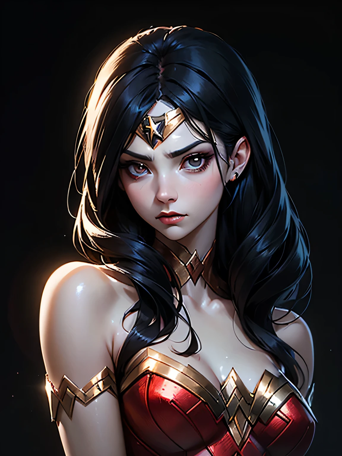 ((portrait photo)), Wonder woman, Black hair appearance, with a thin, elegant construction. She expresses a cold and distant look, Giving off an inaccessible and mysterious attitude., dark eyes, her hair is long, Right, and jet black. elegant presence. ((portrait photo, HDR, dark background))