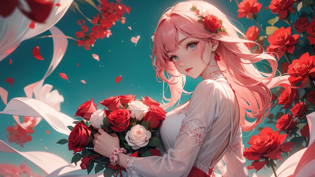 The image depicts a person holding a large, heart-shaped arrangement of red roses against a teal background. The individual is wearing a pale pink or white outfit that contrasts with the vibrant red roses. The overall scene exudes a romantic and perhaps celebratory atmosphere.