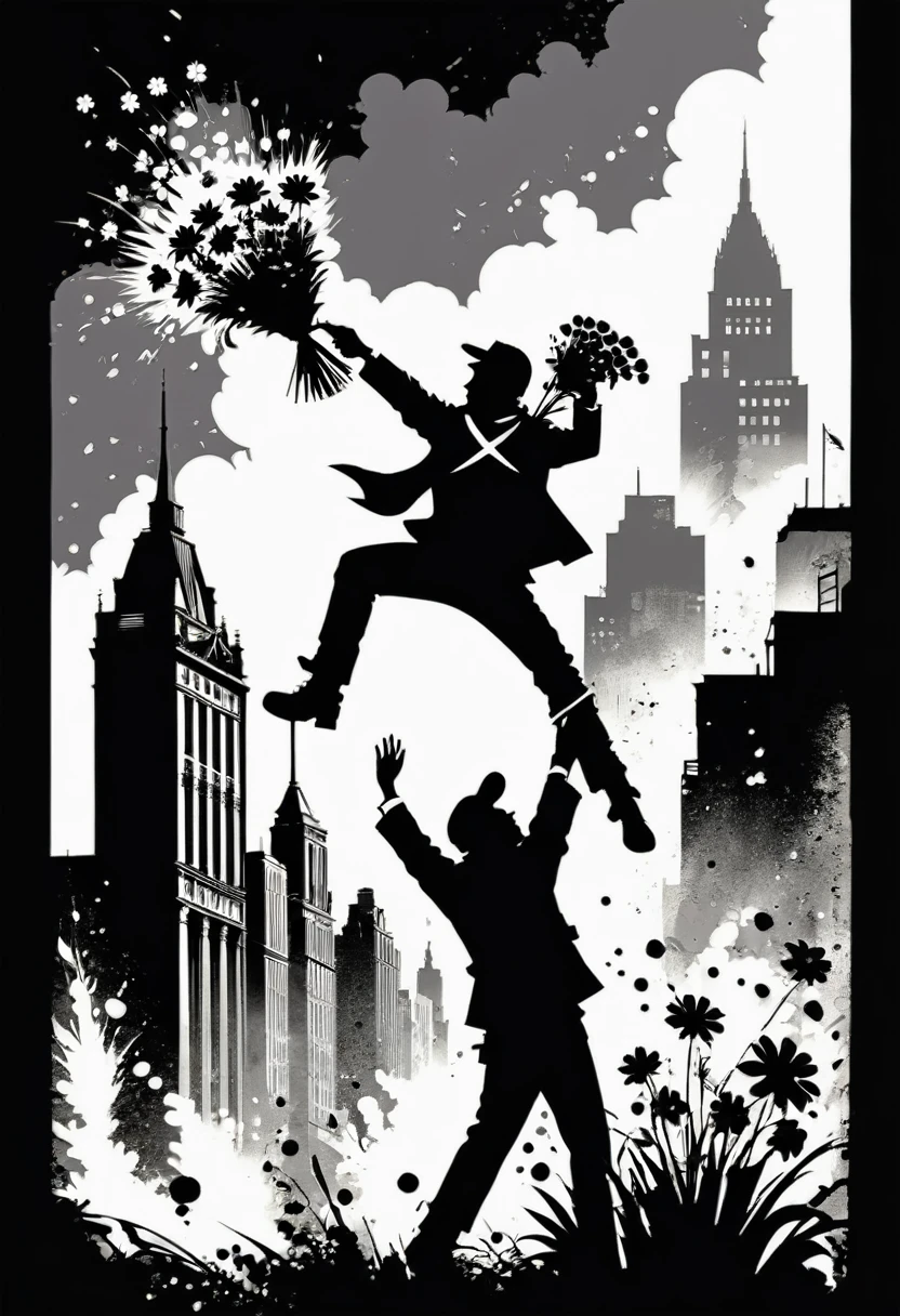 A black and white stencil image of a protester throwing a bouquet of flowers instead of a Molotov cocktail. The background is a cityscape with subtle textures and details, capturing the rebellious yet peaceful essence of Banksy's artwork.
