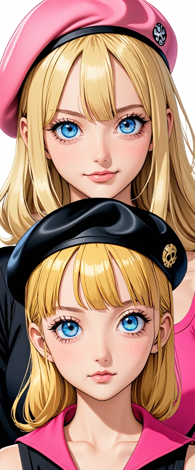 ,beret, pink and black one piece and blonde hair and blue eyes,
