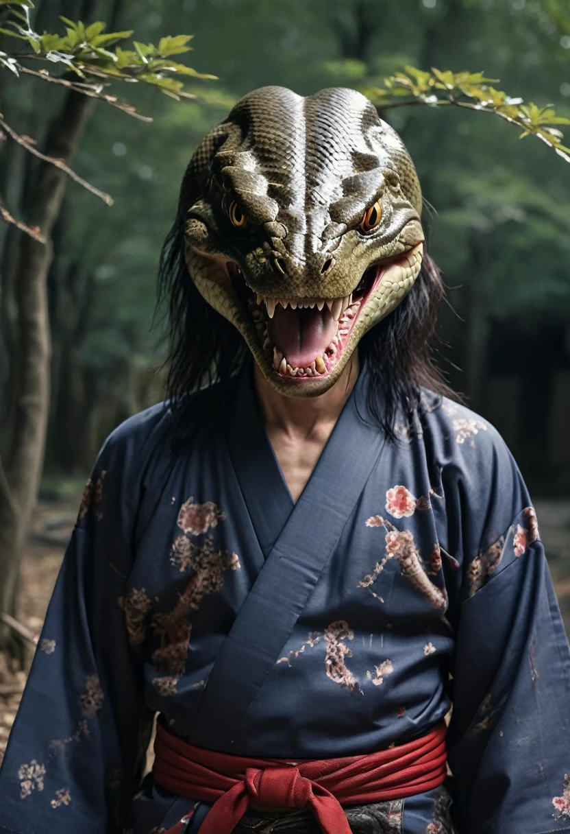 不健康な人型monster. The lower body is a snake、The upper body is human.。. He has a deformed face. 彼の口にはSharp teethがいっぱいある, He has a sadistic and cruel smile. 彼はFilmographyだ, Only his eyes are red, And instead of the left eye, There is a hole full of insects. He has long hair during battles. 彼はTorn Kimonoを着ている, He has a gun. [monster] [Horror] [scared] [Half snake、Half human] [Sadistic smile] [Sharp teeth] [Filmography] [Torn Kimono]
