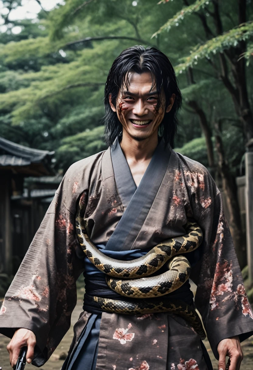 不健康な人型monster. The lower body is a snake、The upper body is human.。. He has a deformed face. 彼の口にはSharp teethがいっぱいある, He has a sadistic and cruel smile. 彼はFilmographyだ, Only his eyes are red, And instead of the left eye, There is a hole full of insects. He has long hair during battles. 彼はTorn Kimonoを着ている, He has a gun. [monster] [Horror] [scared] [Half snake、Half human] [Sadistic smile] [Sharp teeth] [Filmography] [Torn Kimono]