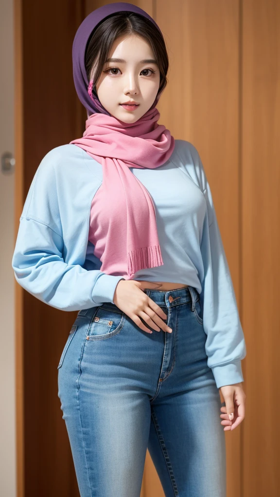 Beautiful Korean girl wearing a light blue  long-sleeved shirt  wearing a full high yellow hijab wearing tight pink jeans