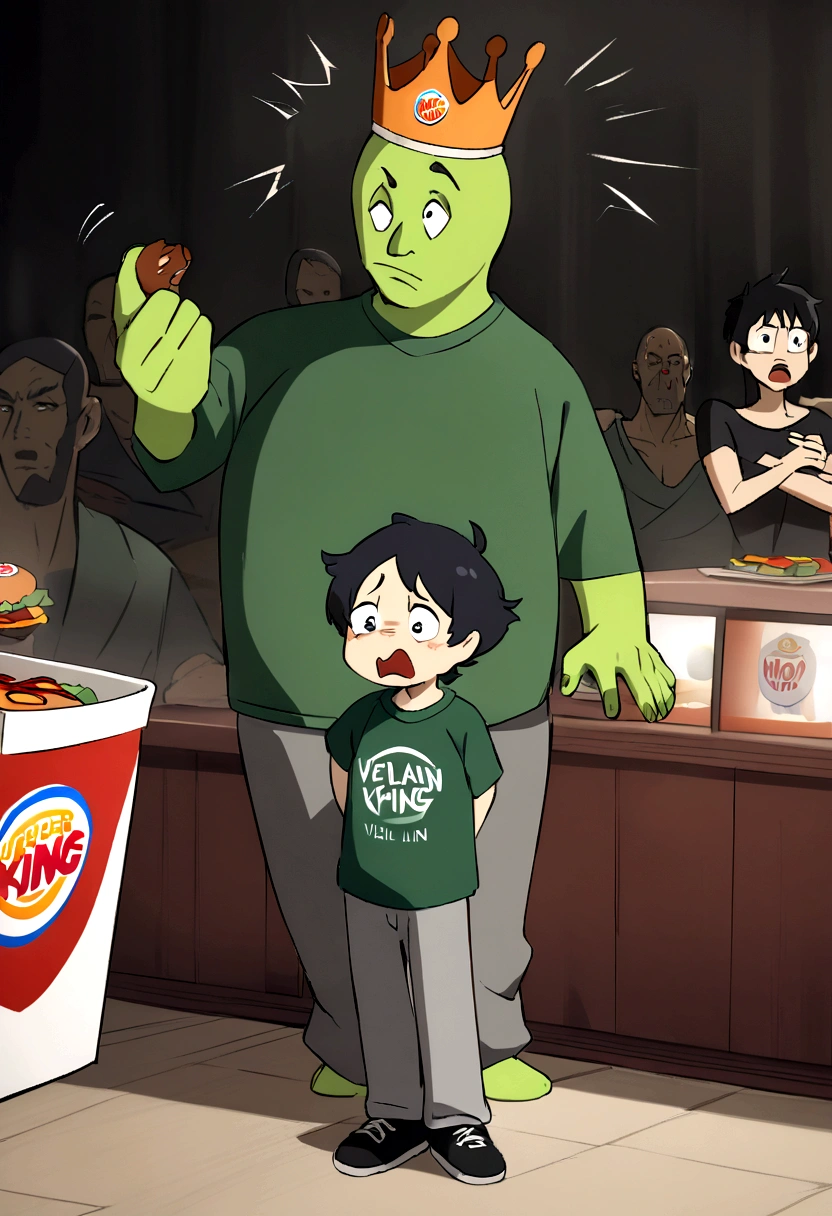 Burger King and man Green skin, black hair, worried expression. Clothing: Dark green t-shirt with a red X, gray pants. Occupation: Former television actor, now villain