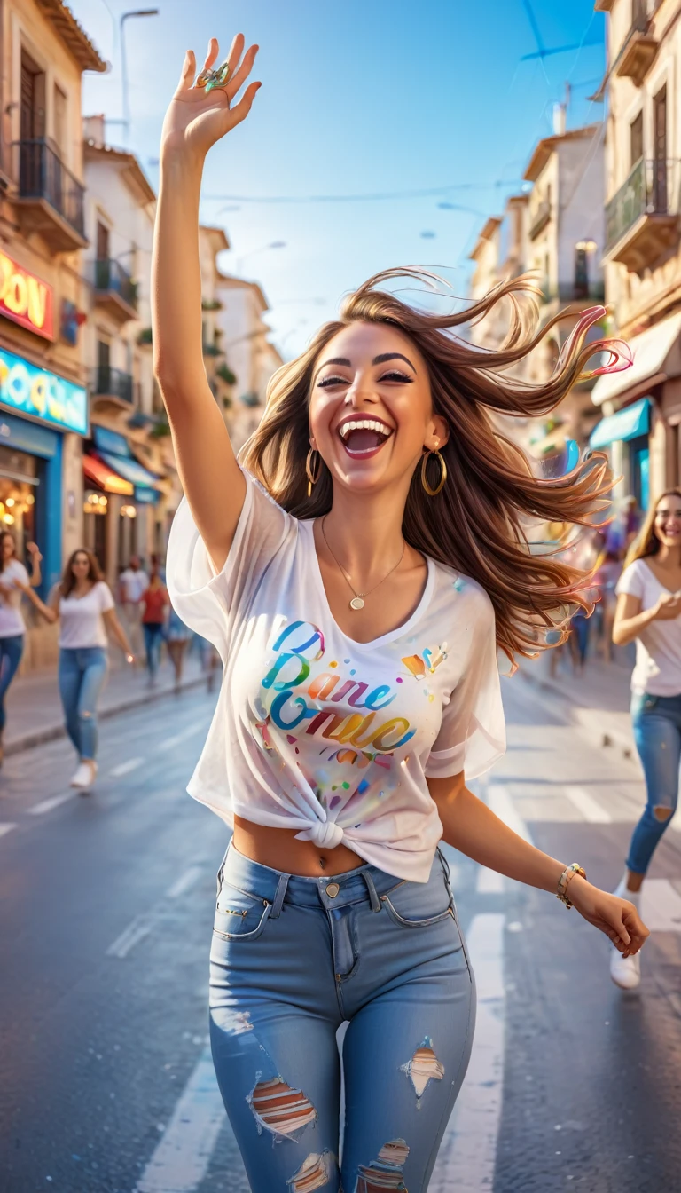 Adult women with straight hair, Brunetette, spain, dressed in urban clothes, In an urban landscape and holographic signs、DANCING HAPPY. HANDS RAISED on the road. are drinking and laughing, The background is modern, high tech vibe. Lovely Digital Painting, 3D rendering, Bright lighting, swirly vibrant colors. adult people, pessoas bonitas, long hair