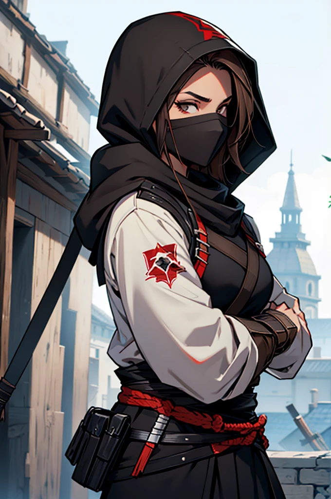 1 female, medium length brown hair with widows peak, hazel eyes, wearing all black, assassins creed shinobi with hood up, tanto