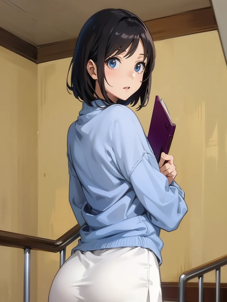 Anime girl standing on the stairs holding a book, Anime Moe Art Style, Drawn by an anime artist&#39;studio, ; Visual novel, Realistic , Cute girl anime visuals, Nishimiya Shoko, Smooth anime CG art, rei hiroe, Kotegawa Yui, Attractive anime girl, sayori, expensive、Big Ass、Underwear is visible