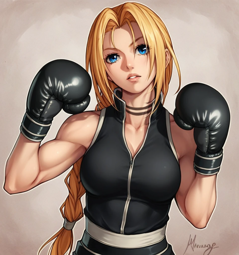 score_9, score_8_up, score_7_up, score_6_up, Detailed Background, BREAK
 koasmirage, 1girl, long hair, sports bra, klausian neck markings, blonde hair, blue eyes, single braid,BREAK
boxing ring, boxing gloves, mma,