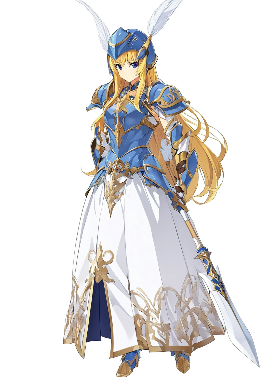 Highest quality, high resolution, High quality game art style, whole body,Valkyrie,Official Art, Smooth game CG art,Cute 3D anime girl render, Visual Novel Sprites, White background,Smooth game CG art, (((Woman with a long spear))),A woman wearing a white dress and blue armor, An intricately designed helmet with white feathers,Small shield, (((Has an exquisite long spear))),Exquisite Blue Armor,Golden Hair, long hair, female knight, Rin々Shii,Don't like to think,Large Bust,17 years old,