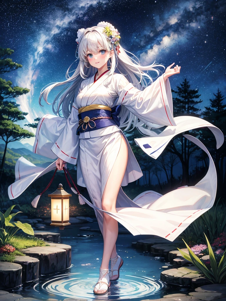Highest quality,Highest Resolution,A beautiful girl in a white kimono standing next to a well,front,whole body,Night Sky,forest,
