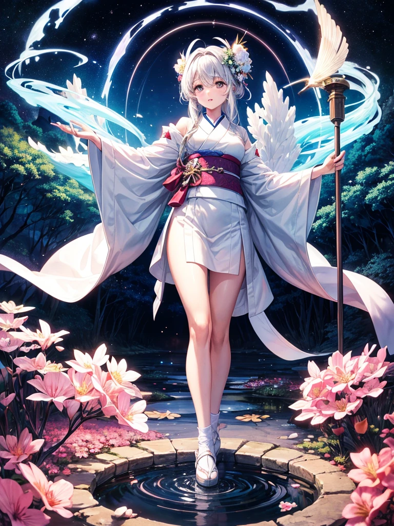 Highest quality,Highest Resolution,A beautiful girl in a white kimono standing next to a well,front,whole body,Night Sky,forest,