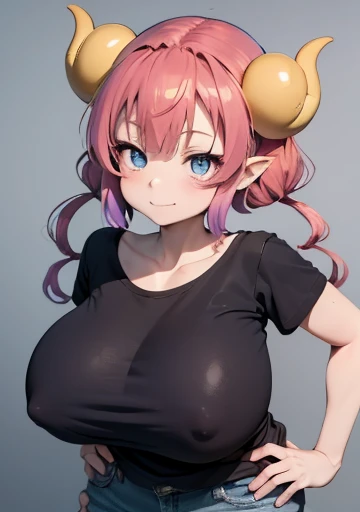 Ilulu, kobayashi san chi no maid dragon, Sensual beautiful woman pink hair pigtails, dragon horns, blue eyes, slim body big tits very tight black t-shirt almost transparent short jeans image 1.2 high resolution perfect detailed sensual smile with high resolution 12k