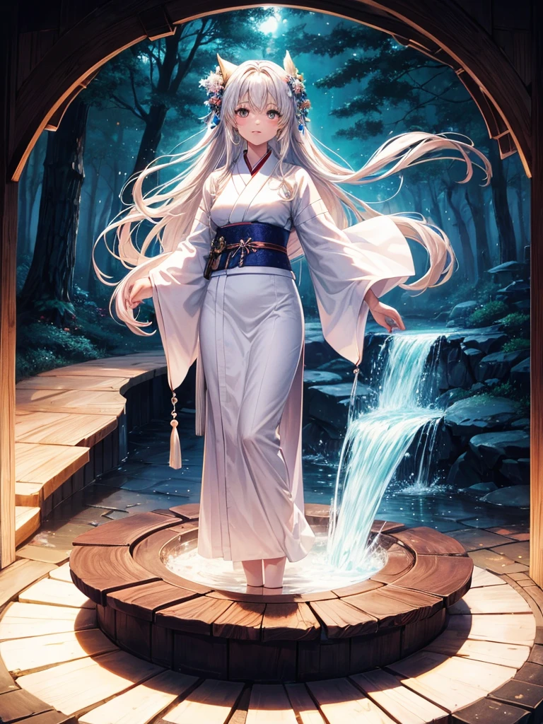 Highest quality,Highest Resolution,A beautiful girl in a white kimono standing next to a well,front,whole body,Night Sky,forest,