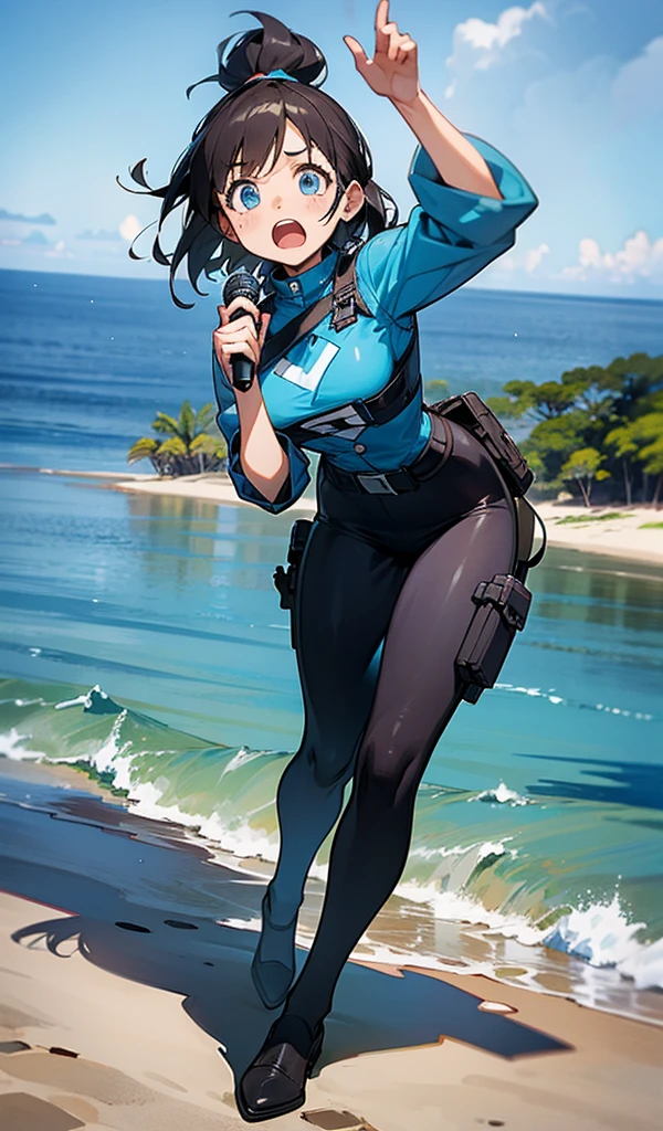 a female journalist on a remote island with a very surprised expression, holding a reporter's microphone, wearing reporter's outfit, visible scenery, full body, vivid expressions, anime model, visible fear, comic scene.