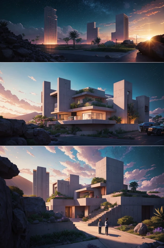 anime (best-quality:0.8), (best-quality:0.8), perfect anime illustration, we've been trying to reach you about your cars extended warranty, An illustration in collage style, with giant boulders, brutalist building sections, terraces, stairs, cacti, agave, concrete texture, multiple geometric shapes, hatch and cross hatching, planet saturn, volcano, moon, Luis Barragán's architectural style build, milky way galaxy, violet, one motorcycle, An illustration in collage style, with giant boulders, brutalist building sections, stairs, cacti, agave, concrete texture, multiple geometric shapes, hatch and cross hatching, planet saturn, volcano, moon, Luis Barragán's architectural style build, reflective pool, terraces. An elegant and modern build, in top of big boulders, with terraces, materials concrete, wood, steel and crystal, various gardens with tropical vegetation, cacti and rocks, stairs, a pool. In middle of sea, a big wave near, sunset, mountains and a volcano in the horizont, cute islands around, illustration format, cute color palette, detailed, masterpiece, award-winning work A 1999 Nissan GTR in Tron form r34 horizonte Lamborghini under a pink and purple sky, an anime drawing by Makoto Shinkai, trending on pixiv, magical realism, beautiful anime scene, cosmic skies. by makoto shinkai, ( ( makoto shinkai ) ), by makoto shinkai, anime background art, style of makoto shinkai