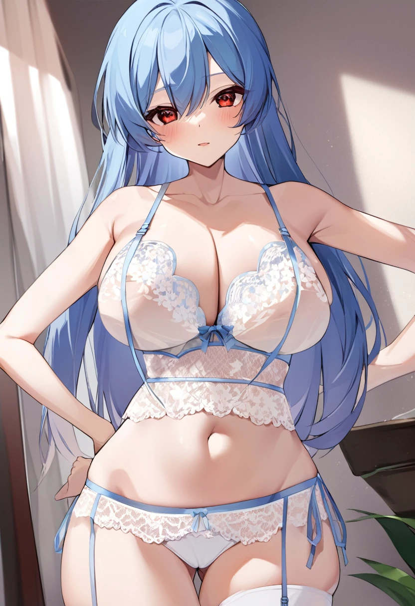 My name is Yukiko.I am a white test woman with long Sky blue hair,red eye color.I am 1.62 cm tall . My breasts measure 200 cm, my waist 40 cm and my hips 200 cm. Dressed in a set of lingerie underwear . With big breasts 200 cm