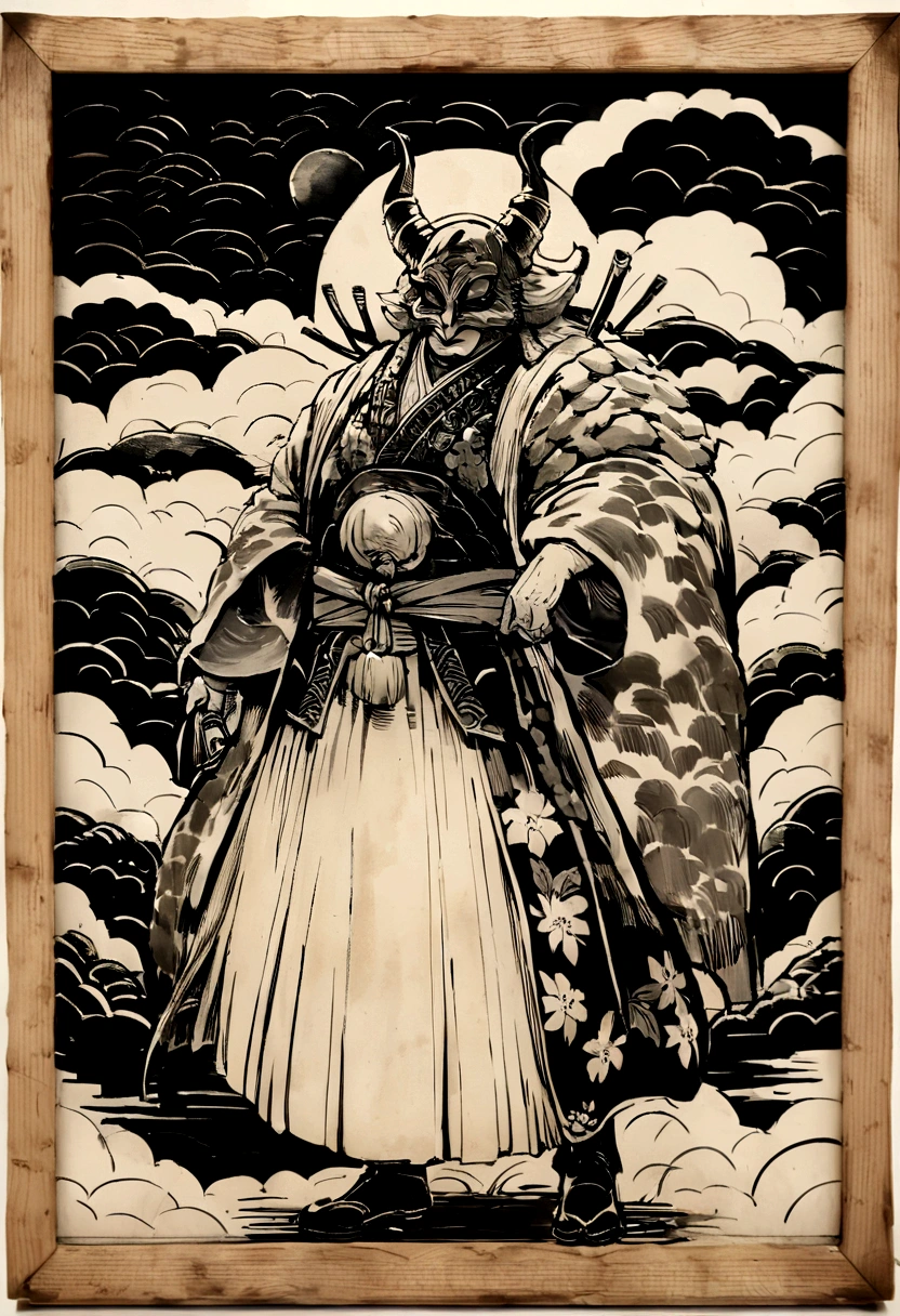 (Samurai),(Wearing a devil mask),alone,Like the whole body,(Equipped with a long, sharp knife),magnificent work of art,((Kyoto woodblock painting style)),Wind effects:1.9,Cloud Effect:1.2,Full Rendering,Encaustic painting