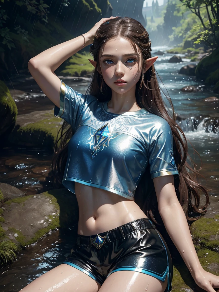 masterpiece. 4k. highly detailed epic fantasy oil painting of beautiful 12 years old Princess Zelda. sparkly blue eyes, freckles. detailed stylish suit,
shiny reflective leather shorts for the summer. crop top shirt. athletic. Hyrule motif. lying on creek. sweating. rain. river. wet.
from above, eagle eye shot, far shot. wildflowers.