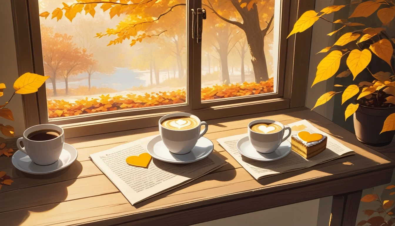 Make a picture of a cozy autumn morning scene featuring a cup of coffee with heart-shaped latte art on it, placed on a opened wooden windowsill. beside the cup, there was a piece of cake with triangle slice layered with white cream on the small plate, and surrounded by bright yellow and orange leaves falling from the nearby trees, which are visible through the window. Warm sunlight filters through the leaves, casting dappled shadows all around, enhancing the warmth of the scene. Beside it, there is an open newspaper with visible, but unreadable writing, adding to the relaxed atmosphere of a quiet morning indoors.