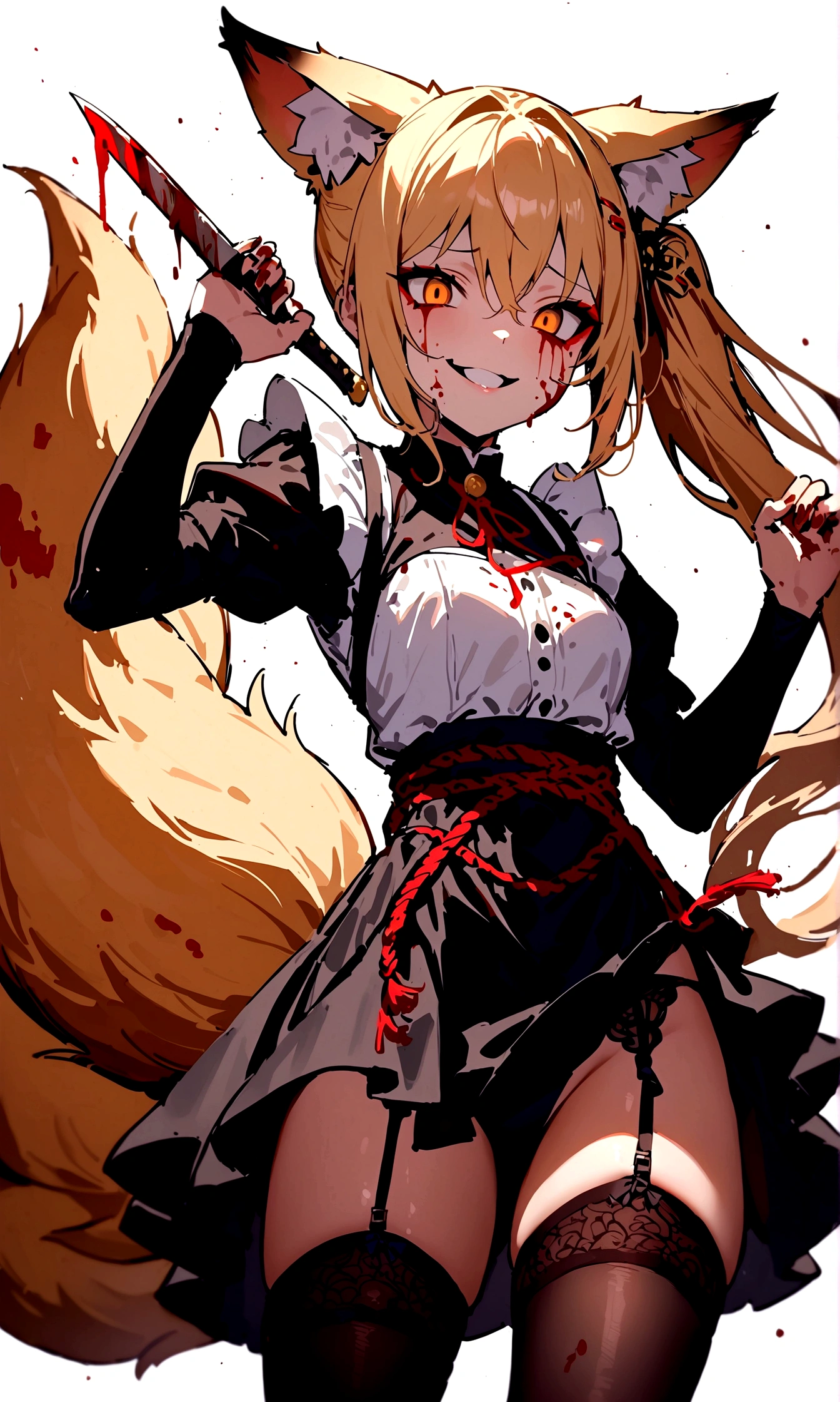 (masterpiece, best quality) junior,1girl,detailed, (beautiful,small breasts), blonde,long hair, side ponytail(tied to the left),Hairpin decoration with gold butterfly, elegant, (fox ears),nine tailed fox tail, red eyeshadow, golden eyes, femur,dark night sky,girl,yandere eyes,bloody face,피묻은 Maid복,Maid,white shirt,Black Skirt,Black stockings,Garter belt stockings,Bloody(blood on fullbody),bloody knife,ninja rope,holding weapon,evil smile