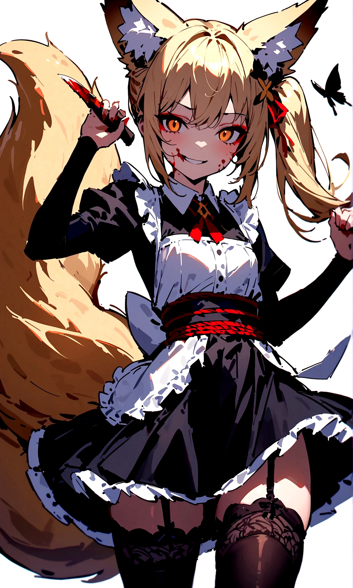 (masterpiece, best quality) junior,1girl,detailed, (beautiful,small breasts), blonde,long hair, side ponytail(tied to the left),Hairpin decoration with gold butterfly, elegant, (fox ears),nine tailed fox tail, red eyeshadow, golden eyes, femur,dark night sky,girl,yandere eyes,bloody face,피묻은 Maid복,Maid,white shirt,Black Skirt,Black stockings,Garter belt stockings,Bloody(blood on fullbody),bloody knife,ninja rope,holding weapon,evil smile