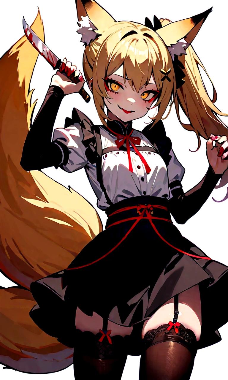 (masterpiece, best quality) junior,1girl,detailed, (beautiful,small breasts), blonde,long hair, side ponytail(tied to the left),Hairpin decoration with gold butterfly, elegant, (fox ears),nine tailed fox tail, red eyeshadow, golden eyes, femur，dark night sky,girl,yandere eyes,bloody face,피묻은 Maid복,Maid,white shirt,Black Skirt,Black stockings,Garter belt stockings,Bloody(blood on fullbody),bloody knife,ninja rope,holding weapon,evil smile