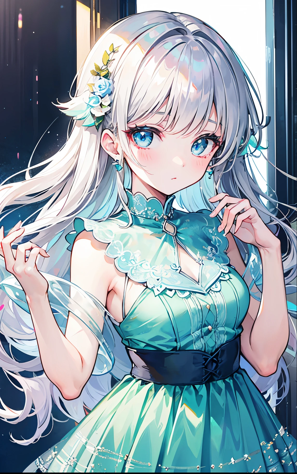 Bright silver and light green color,A very beautiful dress with a soft and delicate look,Youthful Beautiful Girl,Bright light pink decoration,blue eyes,Clear and soft glossy