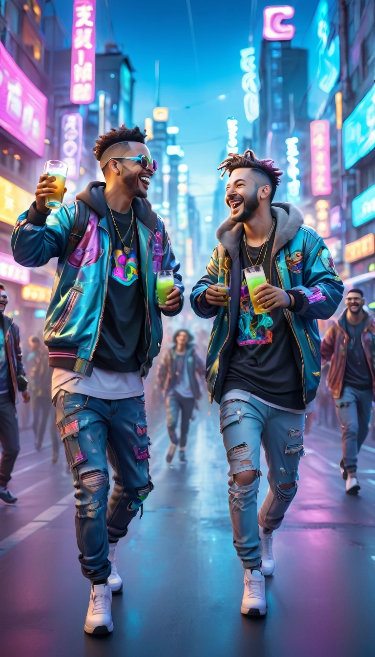 adult men dressed in urban clothes, In an urban landscape and holographic signs、HAPPY DANCING on the road. are drinking and laughing, The background is modern and cyberpunk, high tech vibe. Lovely Digital Painting, 3D rendering, Bright lighting, swirly vibrant colors. adult people, pessoas bonitas, different faces.