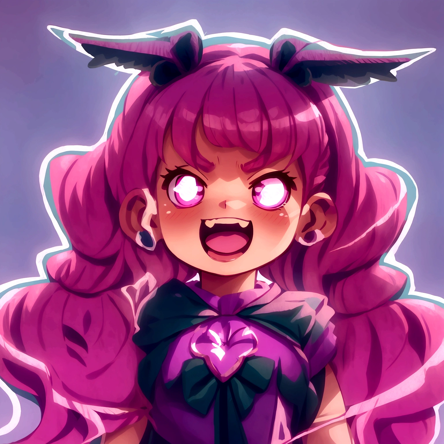 cartoon drawing of a girl with pink hair and bat wings, Coffee pits, Anime, pink hair in ponytails and pink eyes, chibi, magical girl style, chibi, portrait of a magical girl