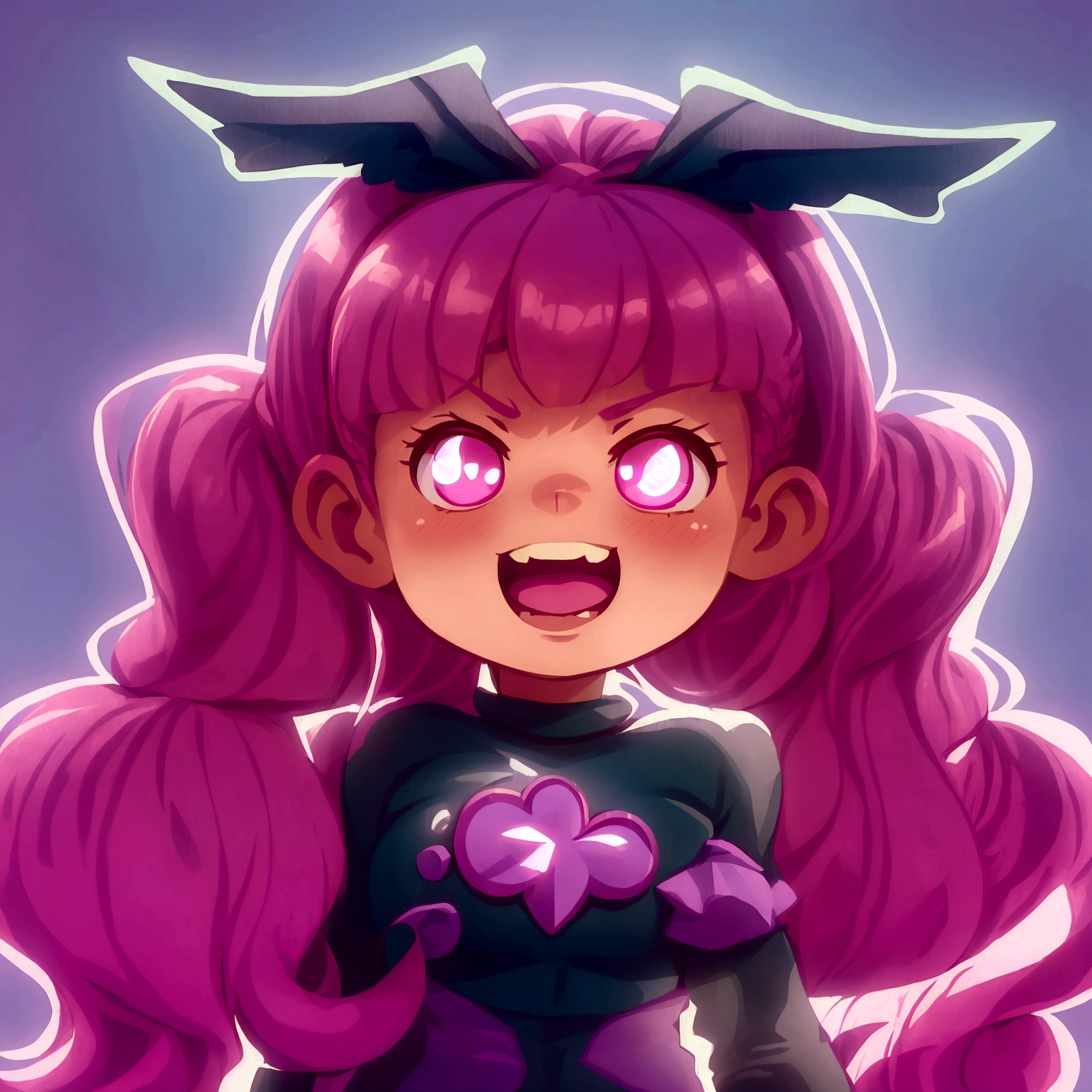 cartoon drawing of a girl with pink hair and bat wings, Coffee pits, Anime, pink hair in ponytails and pink eyes, chibi, magical girl style, chibi, portrait of a magical girl