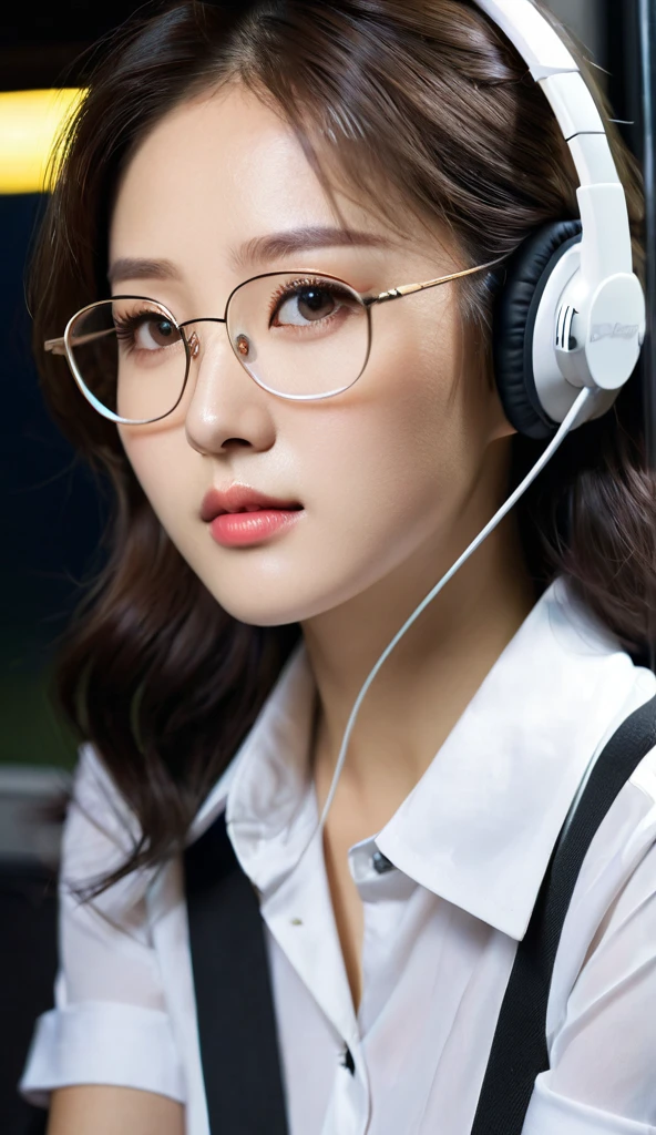 Close-up shot of beautiful korean female, 36 inch breasts size, glasses, wearing earphone, wearing white short sleeve shirt with bottons, black skirt, sitting on the bus, night, UHD