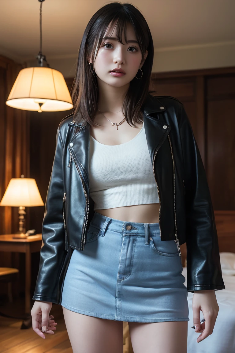 (Highest quality:1.4),(masterpiece:1.4),(Realistic:1.4),(Realistic:1.2),(超High resolution, RAW Photos:1.4),(High resolution, Ultra-detailed:1.2),(8K:1.2),View your viewers,Cinematic photography,One girl,skeletally correct,Black-haired woman,(Small earrings,necklace,leather jacket,A long leather skirt that fits perfectly to the body line,Beautiful body lines),(Western-style building interior,Dimly lit room,The lamplight shines on my cheeks)