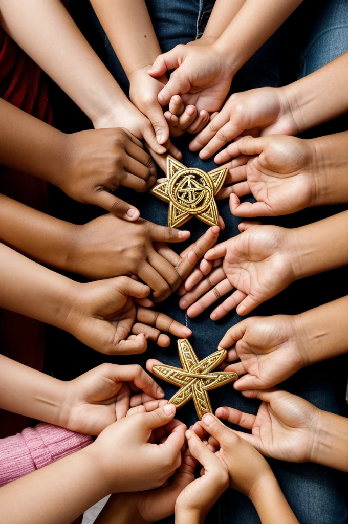 image: A big and radiant heart, formed by intertwined hands of different people (youths, Adults, children, from different cultures) with expressions of joy and hope. Hands hold a religious symbol (Cruz, Paloma, etc.) that represents faith.