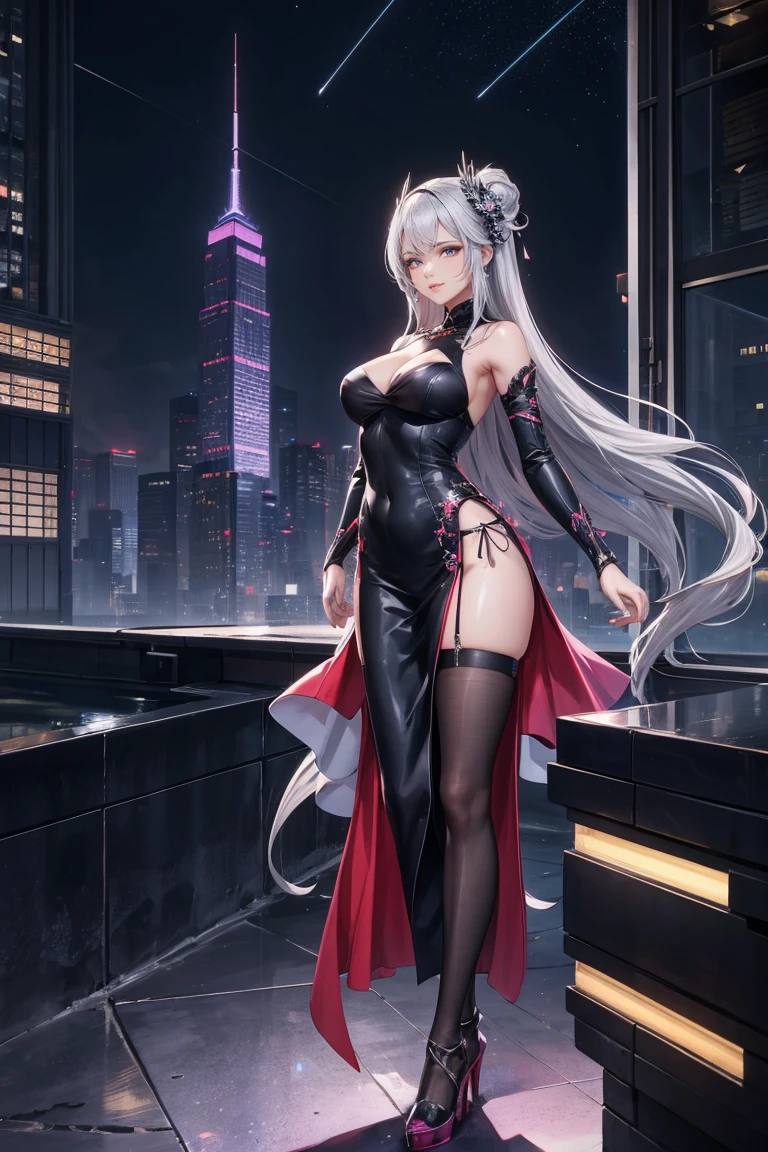 A futuristic cityscape at night with towering skyscrapers illuminated by neon lights. In the foreground, a young woman with long, flowing silver hair stands confidently on the edge of a skyscraper rooftop. She is dressed in a modern, elegant dress that combines traditional Japanese elements with contemporary fashion. The dress is primarily pink with intricate floral patterns, featuring a sleek, form-fitting design that complements her figure. The dress has a high slit on one side, revealing black stockings. She wears pink high heels and has delicate accessories in her hair, including traditional Japanese hair ornaments. The night sky above is filled with stars, adding to the serene yet powerful atmosphere. The wind gently flows through her hair and dress, capturing a sense of motion. The city lights below highlight her figure, creating a striking contrast between the traditional and futuristic elements.