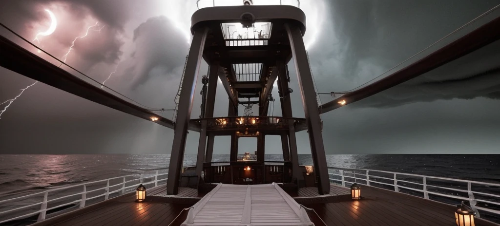 ship deck, stormy night, in an ocean, horror, scary, high quality