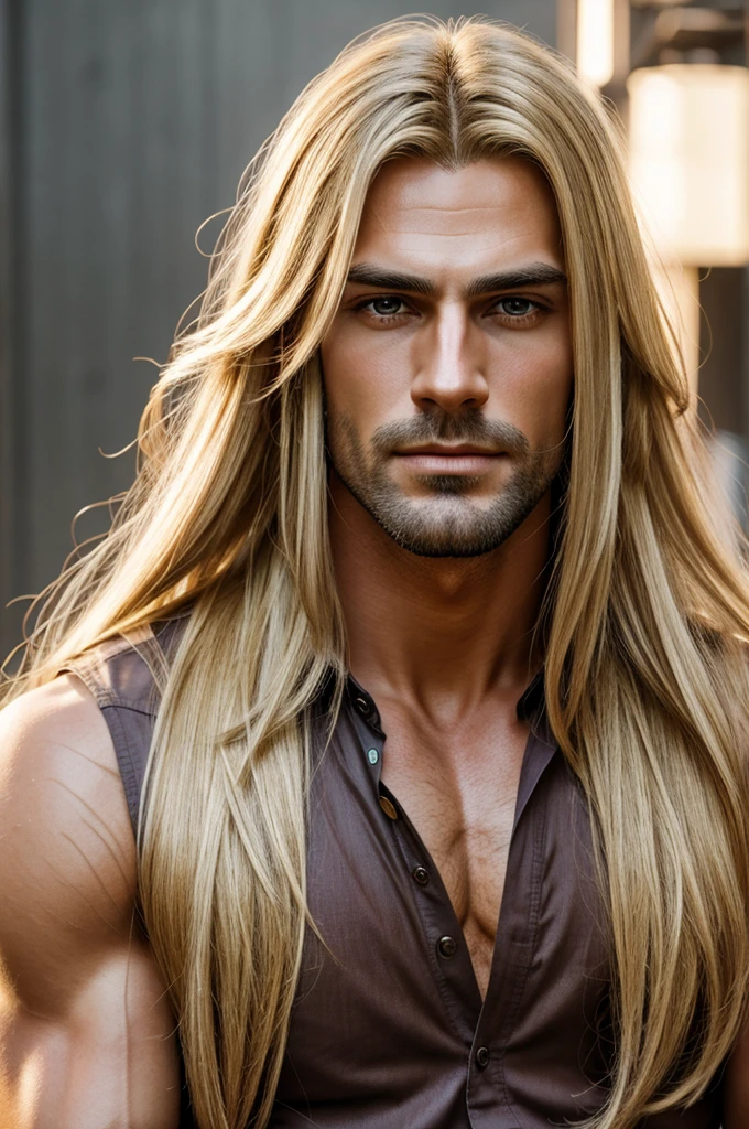 Make a god like realistic image of the handsome man with long blonde hair