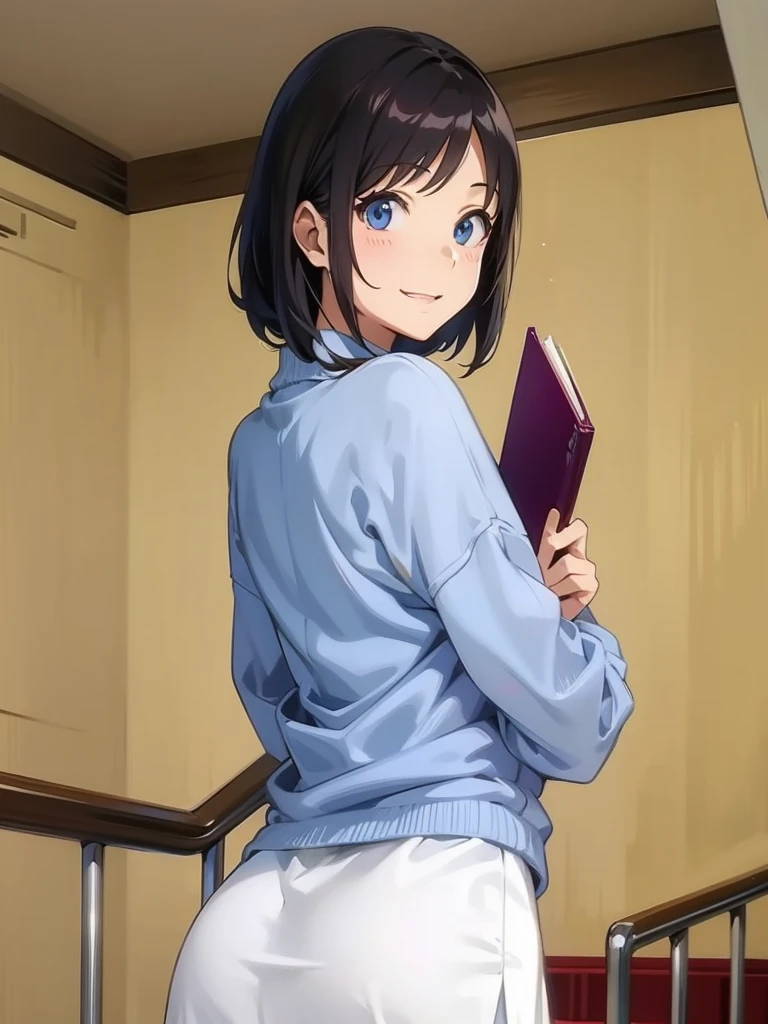 smile、Anime girl standing on the stairs holding a book, Anime Moe Art Style, Drawn by an anime artist'studio, ; Visual novel, Realistic , Cute girl anime visuals, Nishimiya Shoko, Smooth anime CG art, rei hiroe, Kotegawa Yui, Attractive anime girl, sayori, expensive、Big Ass、Panty lines